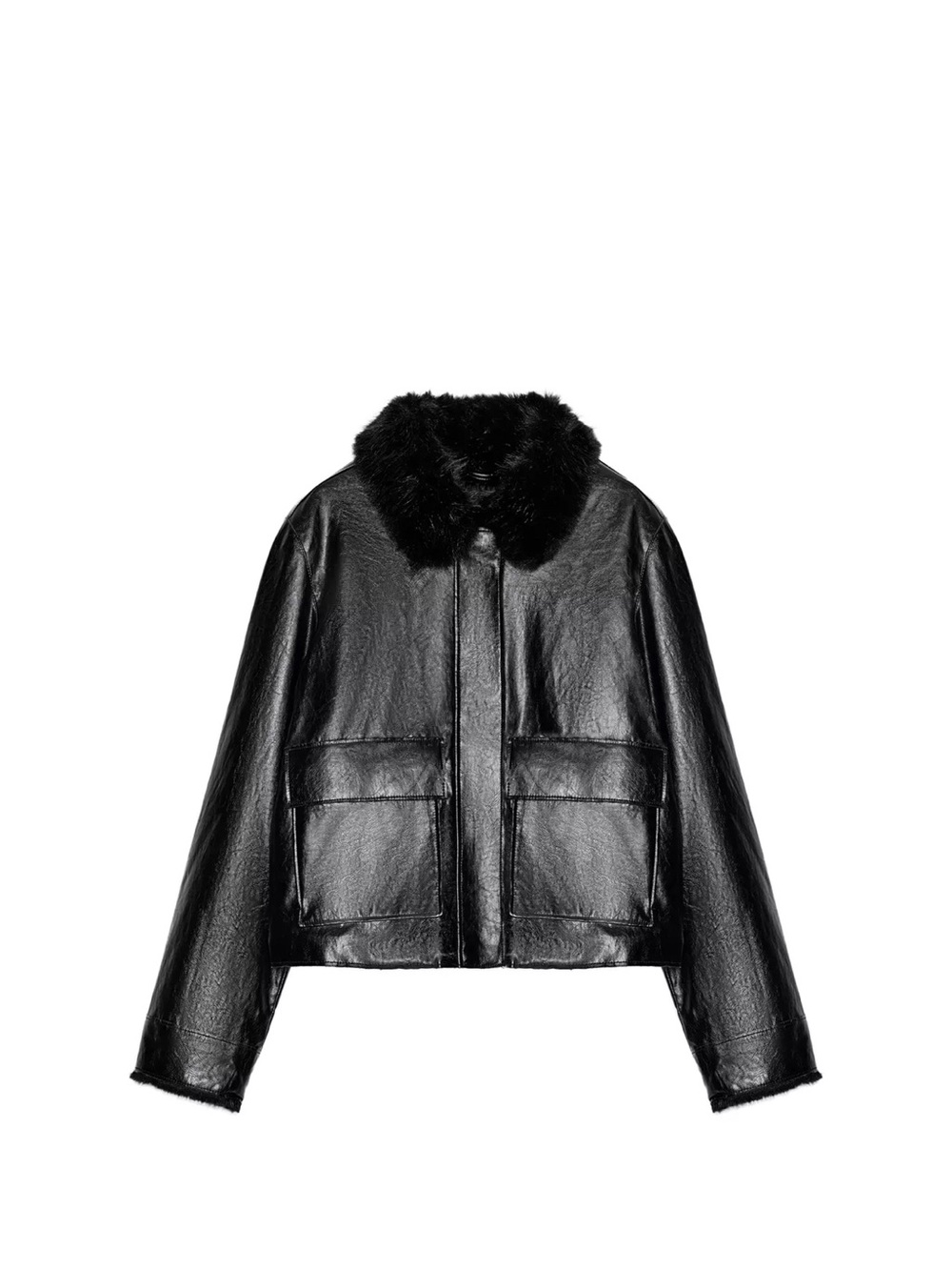Zara Black Faux Leather Jacket with Fur Collar